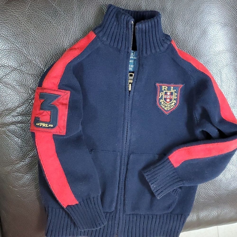 Boys Polo Ralph Lauren navy red zipper sweater cotton *